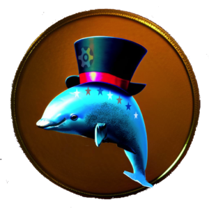 A dolphin with seven stars wearing a Pamalogist's top hat.
