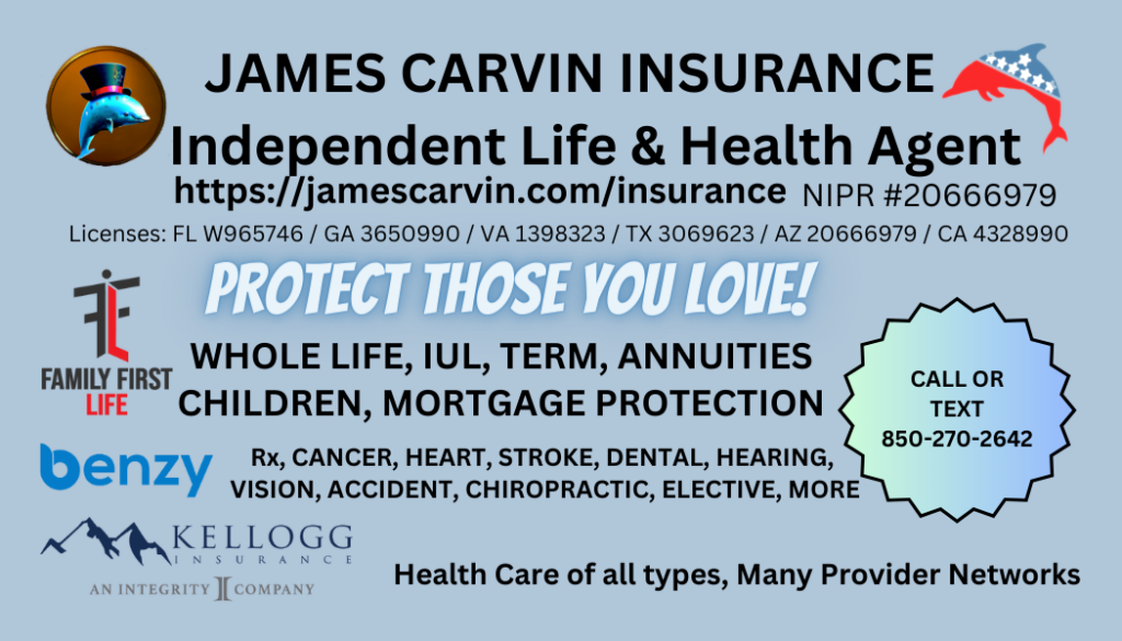 James Carvin Insurance business card. Medicare, ACA Life Insurance